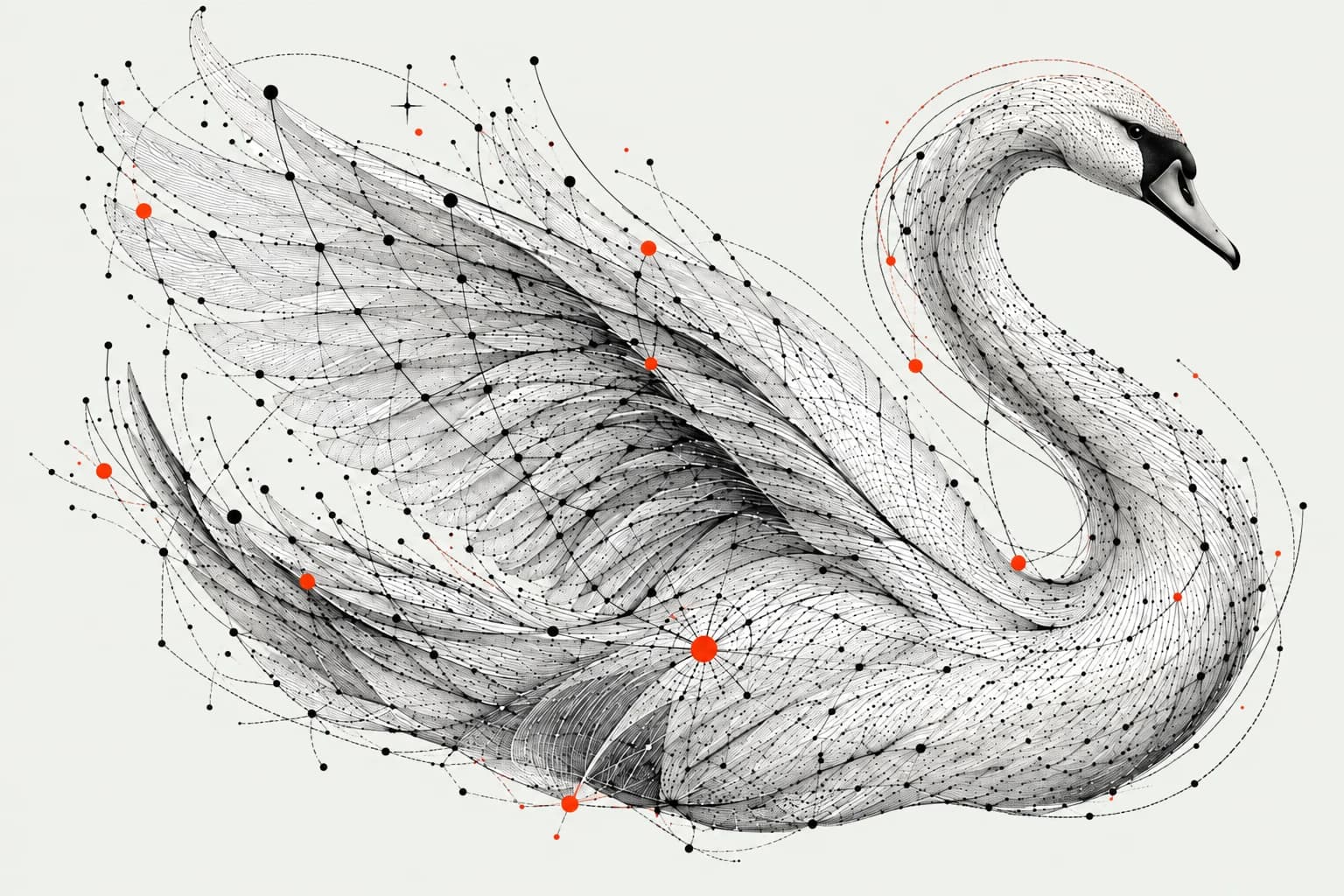 A stoic swan facing right, woven from intricate black contours, signal points, and vermilion nodes.